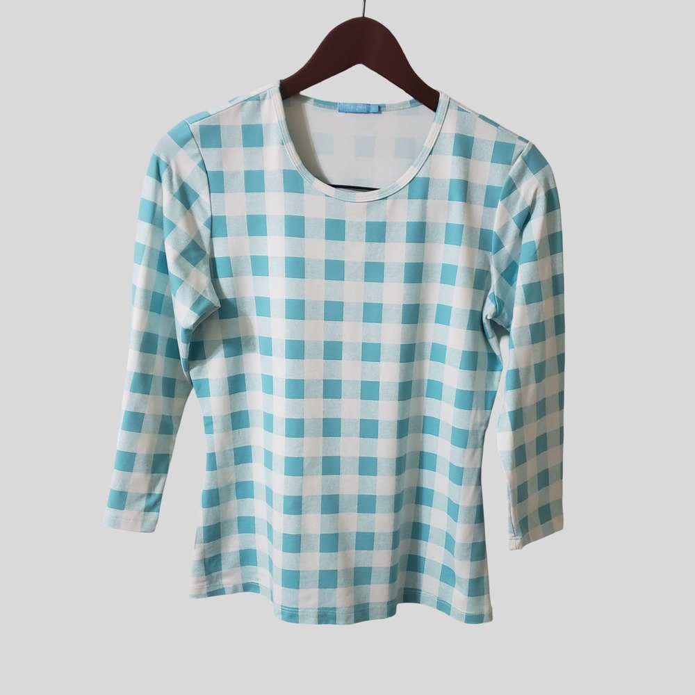 J.McLaughlin Womens Teal Blue Gingham Catalina Cloth 3/4 Sleeve Top Size S
